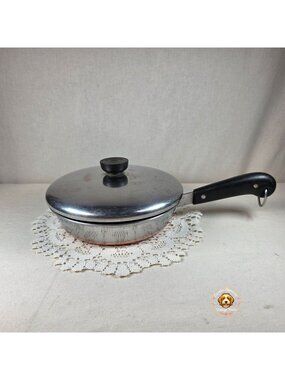 8" Vintage Revere Ware Copper Bottom Skillet With Lid Stainless Steel Black Hand